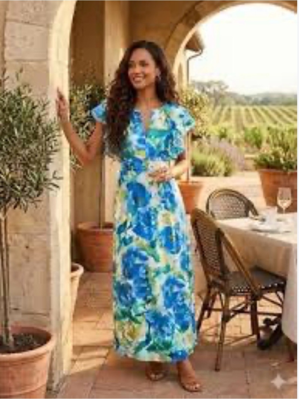 NEW Umgee Blue Multi Floral Collared Ruffle Sleeve Maxi Dress Size S